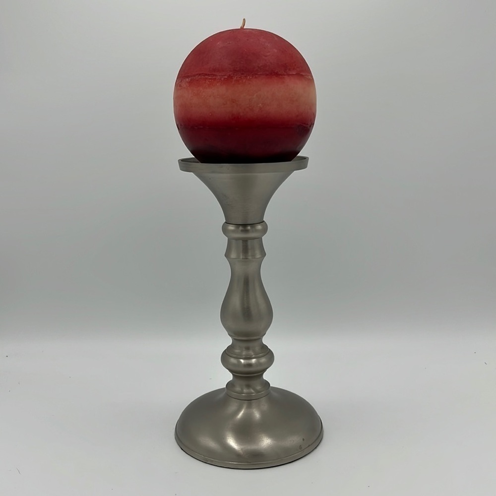 SILVER-TONE CANDLESTICK WITH ROUND RED CANDLE